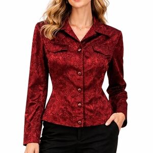 Vtg CONRAD C 1990s Maroon Paisley Satin Blazer Shacket